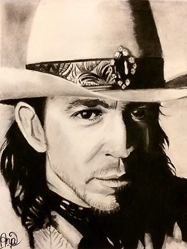 Houtskool portret van Stevie Ray Vaughan door Anja Noordmans